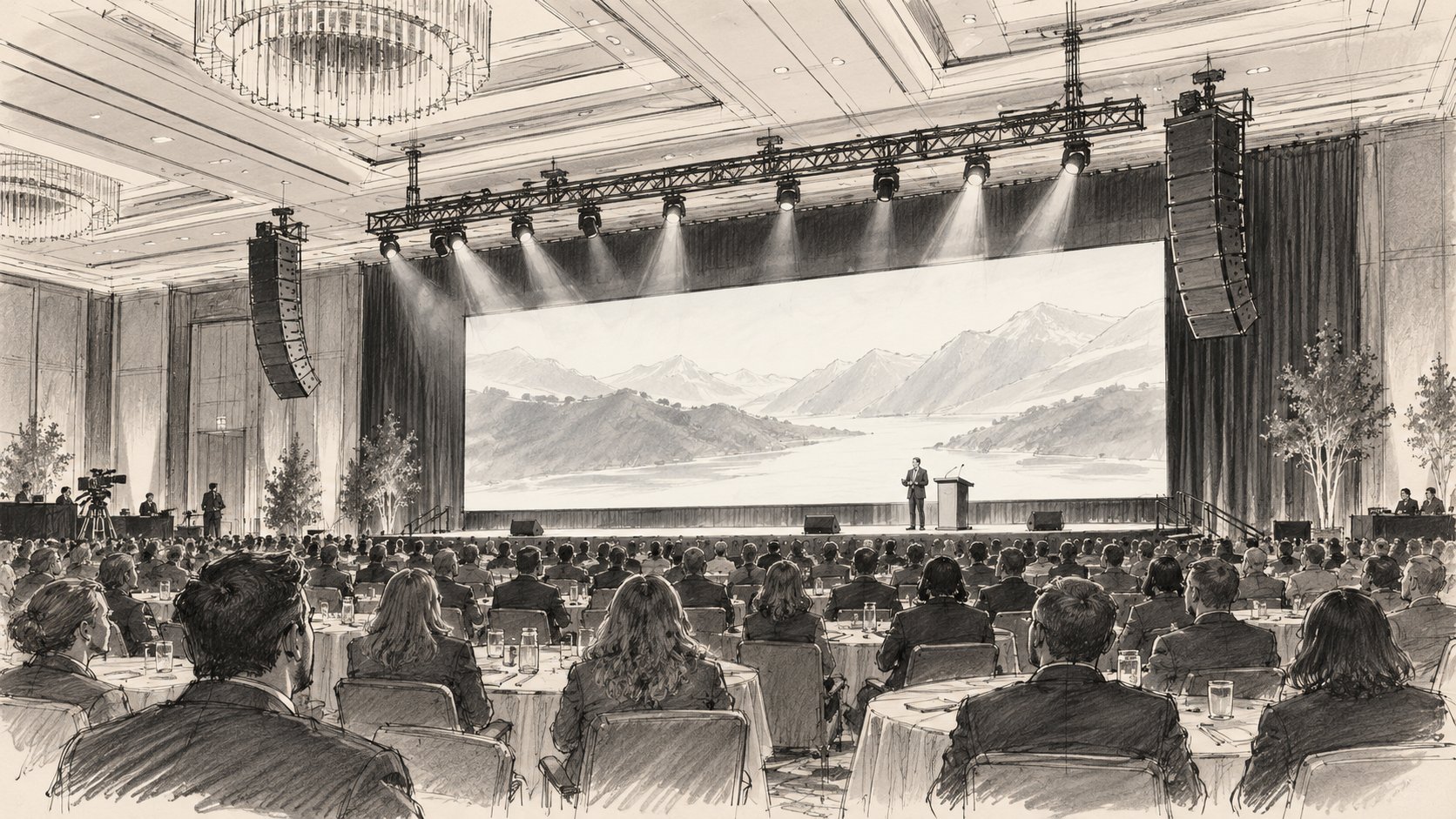 Architectural sketch of a large conference room with projection, line-array sound and stage lighting