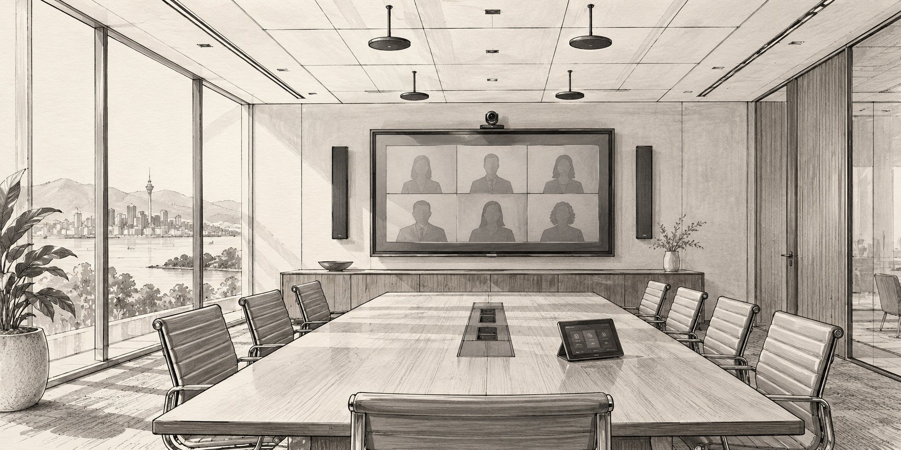 Architectural sketch of a modern boardroom with a large video-conferencing display and integrated audio visual equipment