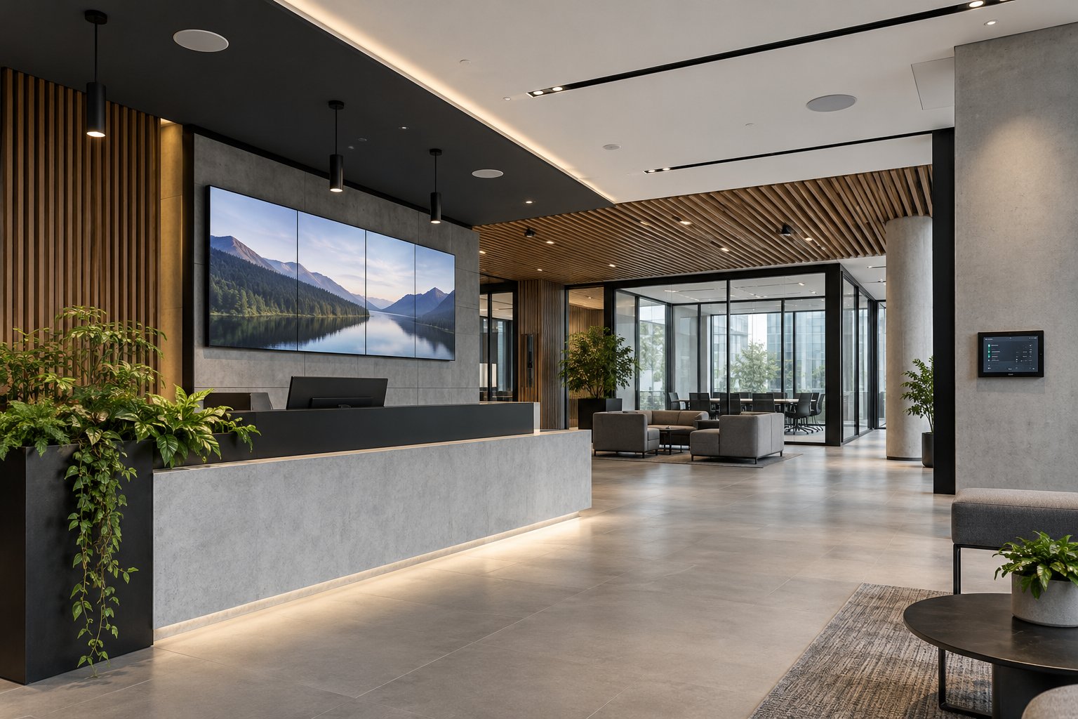 Concept image of digital signage and integrated audio in a commercial reception