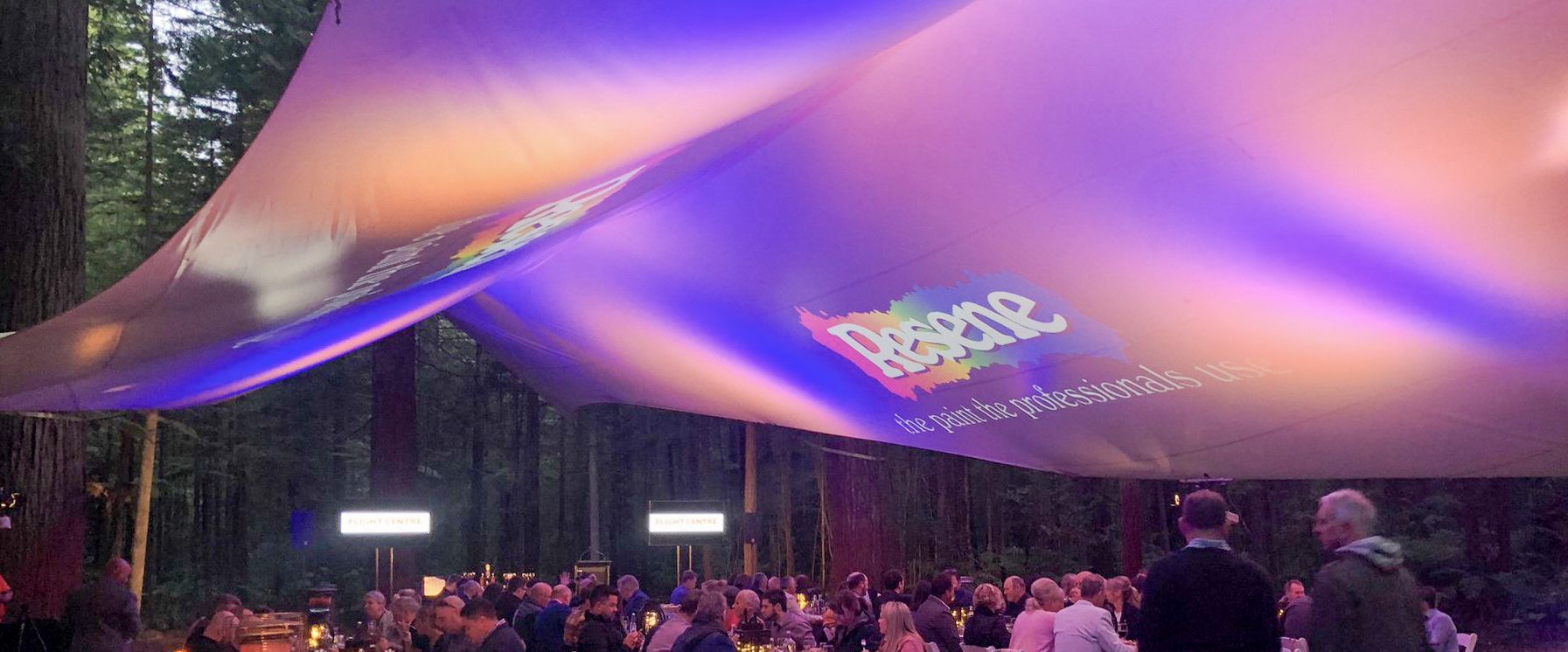 Projection-mapped outdoor canopy above guests at a forest event