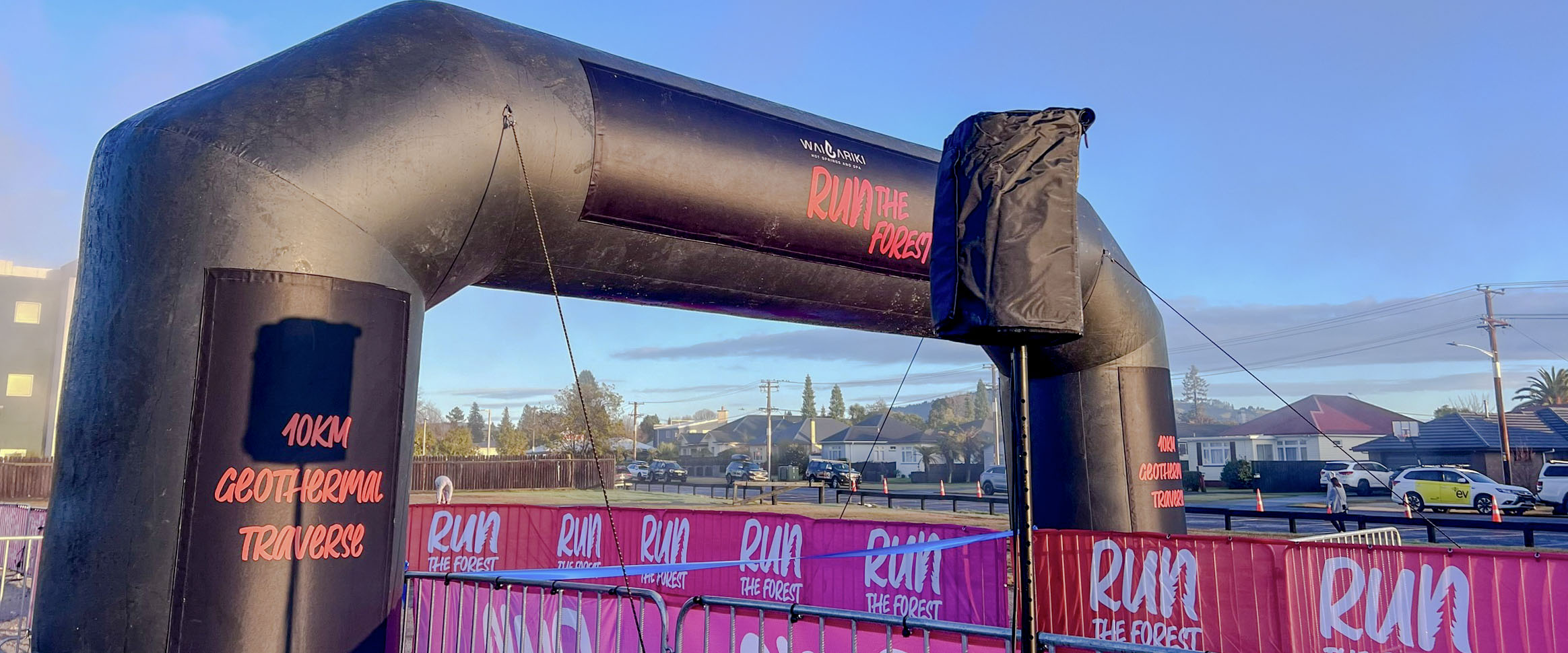 Outdoor race finish arch with timing equipment